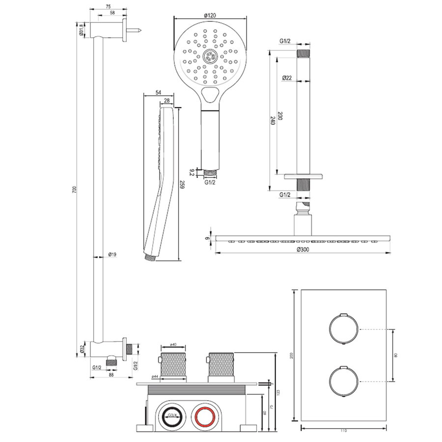Regendoucheset Inbouw Brauer Copper Carving Thermostatisch 30cm met 3-Weg Omstelling, Plafondarm, Glijstang en Handdouche 3-Standen Geborsteld Koper