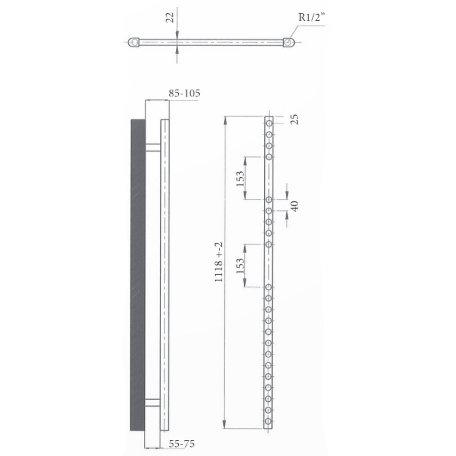 Elektrische Design Radiator Sanicare Plug & Play 111,8x45 cm Inox Look 596 Watt Met Chroom Thermostaat Links