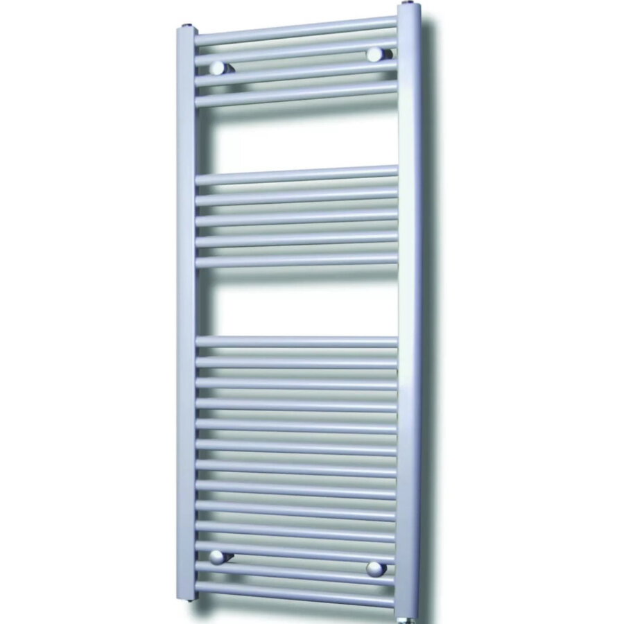 Elektrische Design Radiator Sanicare Plug & Play 111,8x45 cm Zilver Grijs 596 Watt Met Zwarte Thermostaat Links