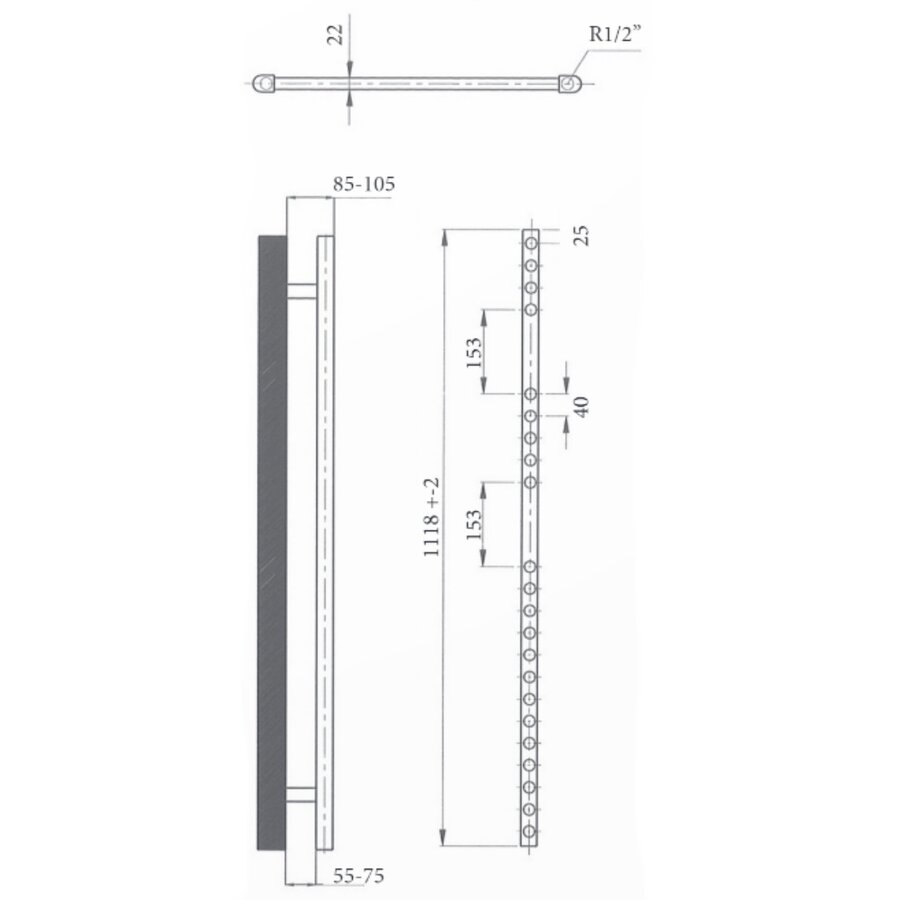 Elektrische Design Radiator Sanicare Plug & Play 111,8x45 cm Zilver Grijs 596 Watt Met Zwarte Thermostaat Links