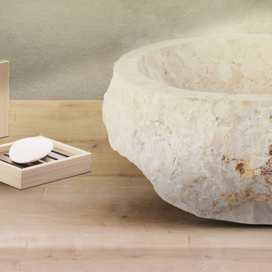 Waskom BWS Stone Rond 30-35x30-35x15 cm Natuurmarmer Creme