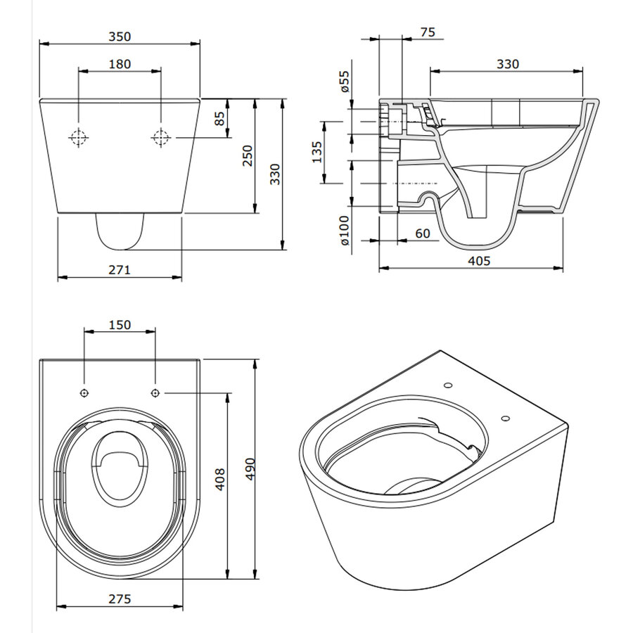 Wandcloset Pack AQS Urby Verkort Rimless 49 cm Wit (Incl. zitting)