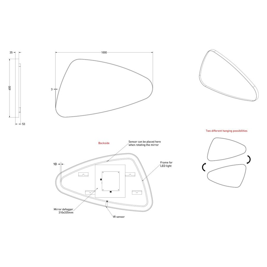 Spiegel Organisch INK SP23 100x60 cm Met Verlichting en Spiegelverwarming Links Geborsteld RVS
