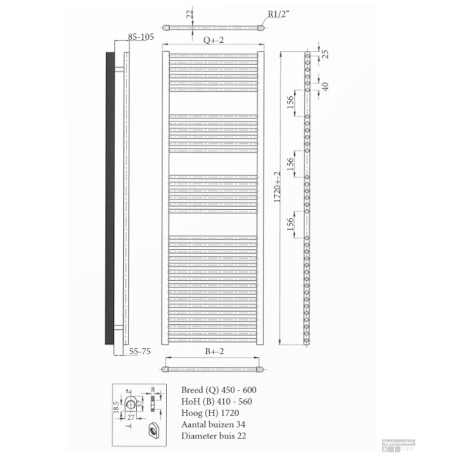 Radiator Sanicare Snode Met Wifi 111,8 x 60 cm Zilver-Grijs Met Thermostaat Chroom