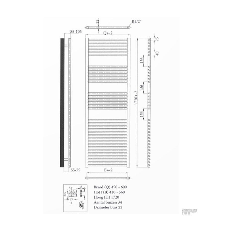 Radiator Sanicare Snode Met Wifi 172 x 45 cm Inox-Look Met Thermostaat Zwart