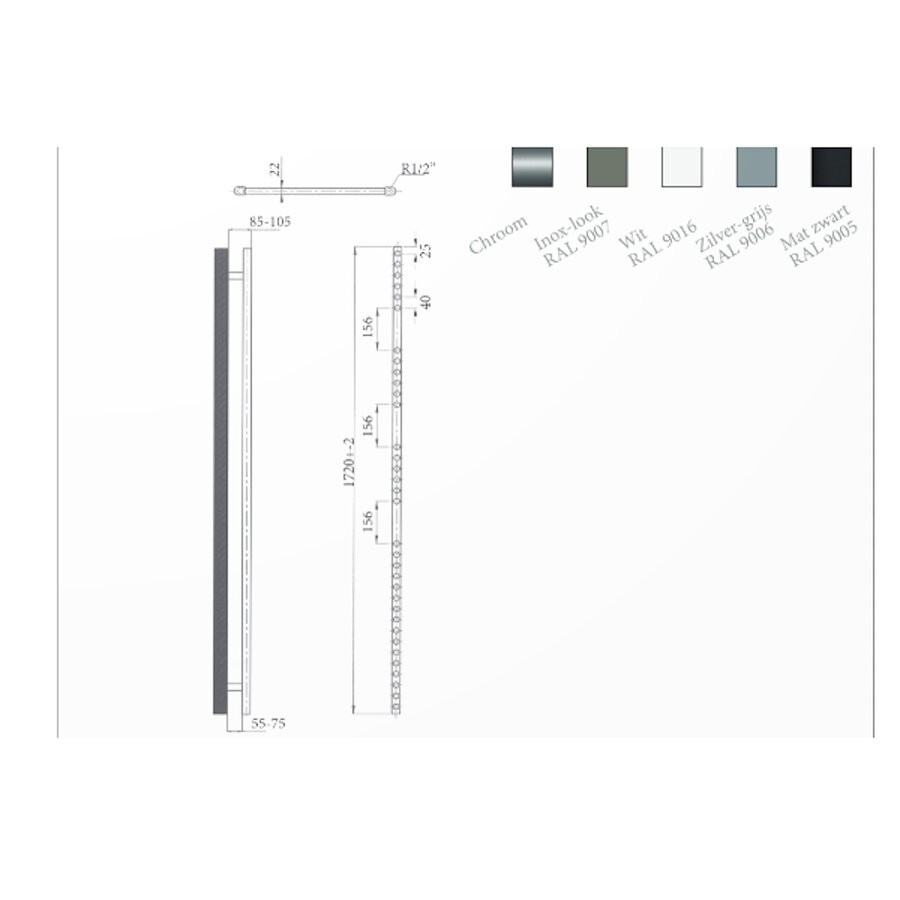 Radiator Sanicare Snode Met Wifi 172 x 60 cm Inox-Look Met Thermostaat Chroom