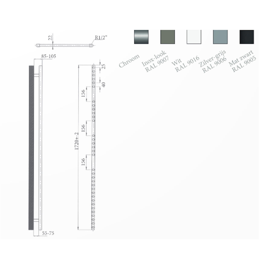 Radiator Sanicare Snode Met Wifi 172 x 60 cm Mat Zwart Met Thermostaat Chroom