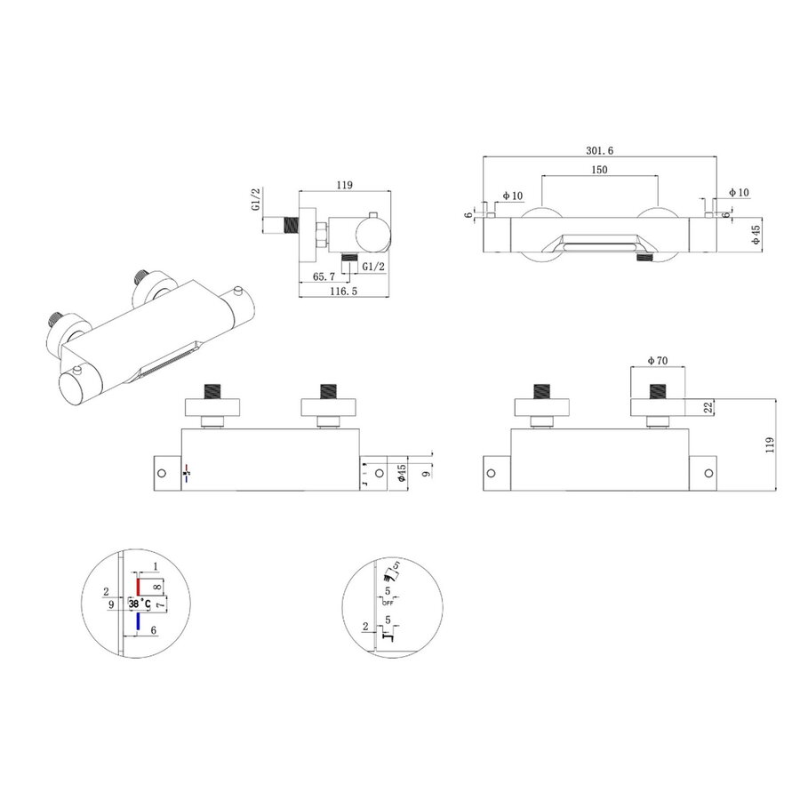 Badkraan Wiesbaden Style Waterval Thermostatisch 1/2 inch Chroom