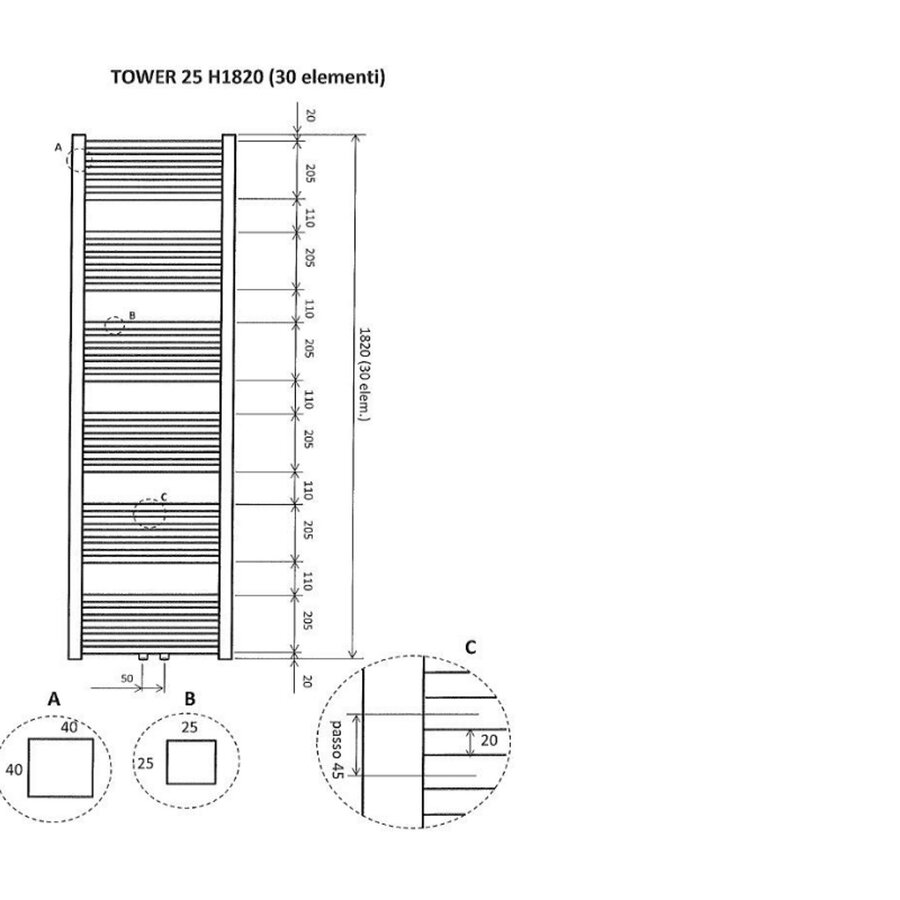 Sierradiator Tower 182x60 cm Mat Zwart Midden Onderaansluiting