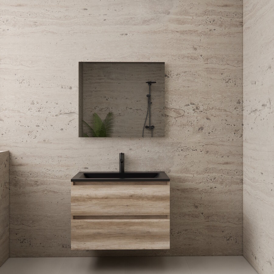 NIET MEER LEVERBAAR AKTIE! Badmeubel Boss & Wessing Paris 80 cm Mat Zwart Wastafel Compleet Canyon Oak (1 kraangat)