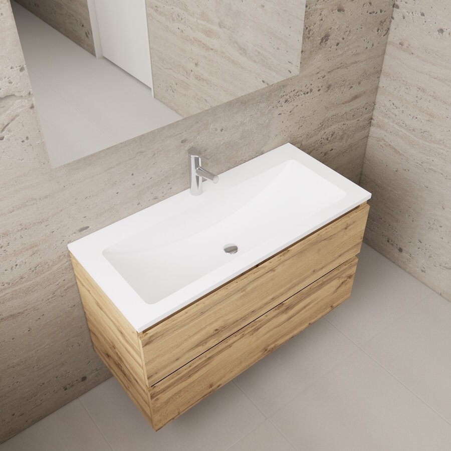 NIET MEER LEVERBAAR Aktie! Badmeubel Boss & Wessing Paris 100 cm Mat Wit Wastafel Compleet Dakota Oak (1 of 2 Kraangaten)