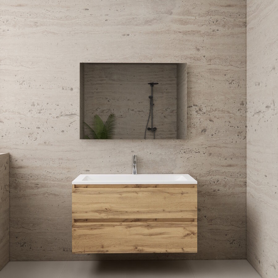 NIET MEER LEVERBAAR Aktie! Badmeubel Boss & Wessing Paris 100 cm Mat Wit Wastafel Compleet Dakota Oak (1 of 2 Kraangaten)