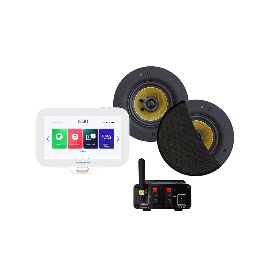 Music Center Aquasound N-Joy Controller (IPX7) + Wand Lader + Samba 4065 Speakerset + Wifi-Audio Versterker 50 Watt Zwart