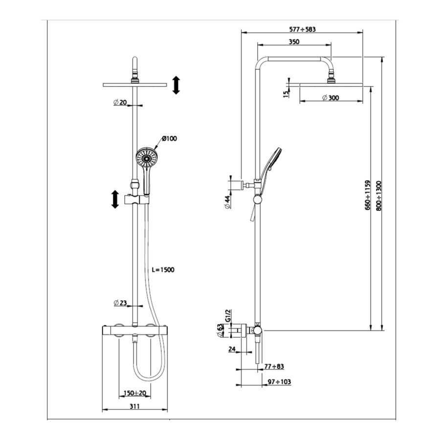 Opbouw Regendouche Salenzi Giro Thermostatisch 30cm en 3 standen Handdouche Gegalvaniseerd Geborsteld Messing Goud