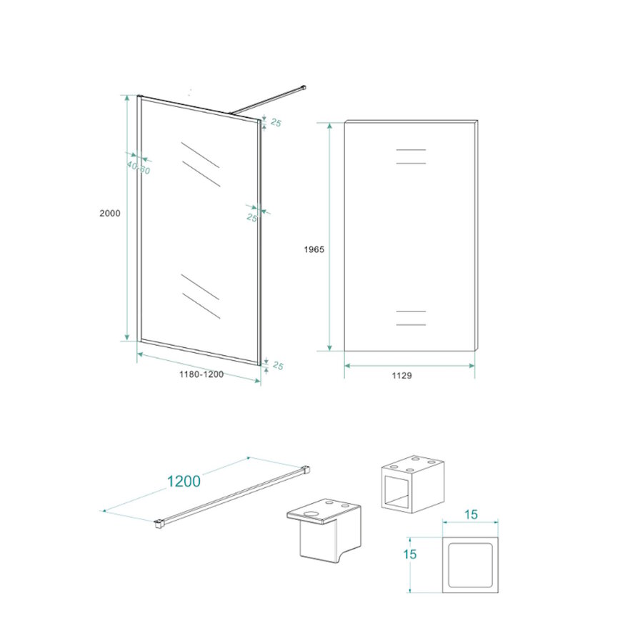 Inloopdouche Wiesbaden Square Stabilisatiestang Nano Coating 120x200 cm 10 mm Mat Zwart