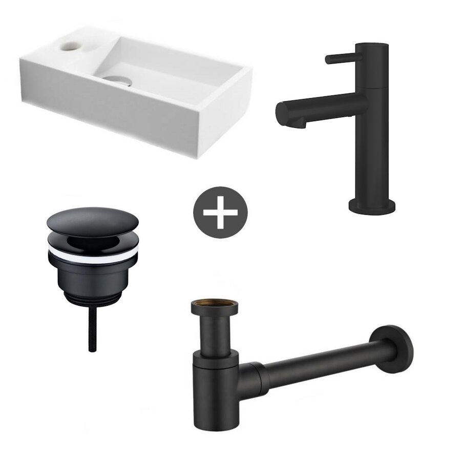 Fonteinpack Solid Surface Links Mat Wit 40x22x10 cm (Keuze uit 4 zwarte kranen)