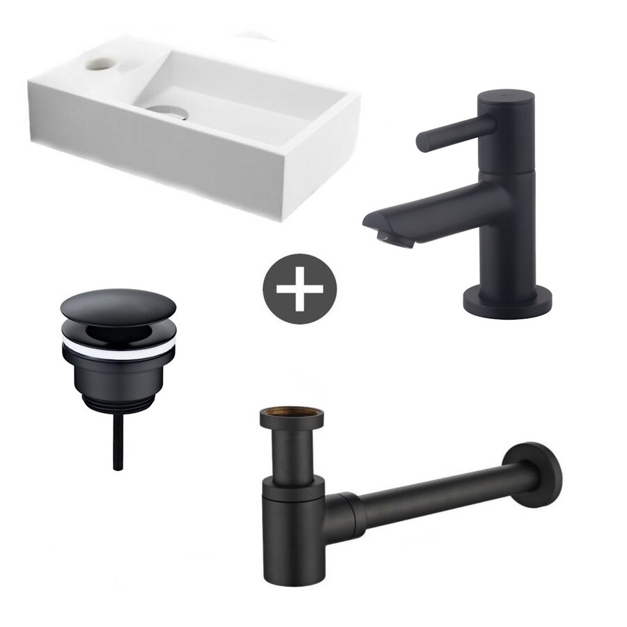 Fonteinpack Solid Surface Links Mat Wit 40x22x10 cm (Keuze uit 4 zwarte kranen)