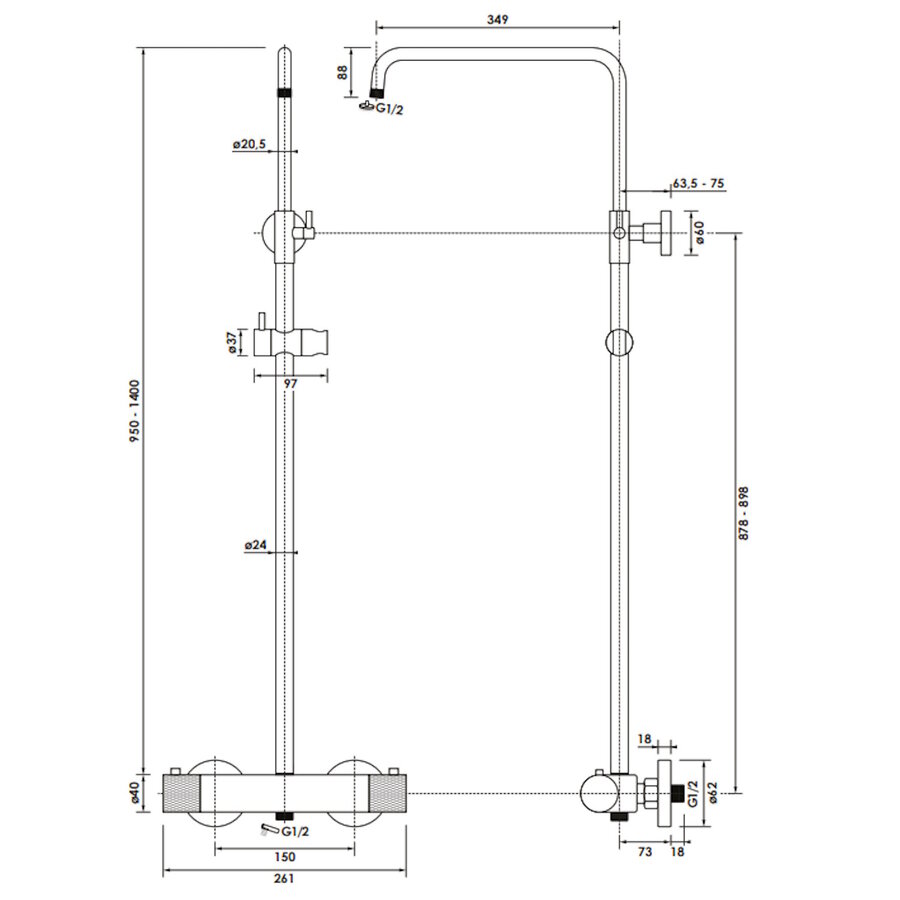 Regendoucheset Opbouw Brauer Brushed Carving 30 cm Thermostatisch met Staaf Handdouche Geborsteld RVS