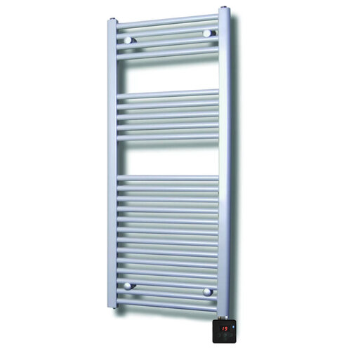 Elektrische Design Radiator Sanicare Plug & Play 111,8x60 cm Zilvergrijs 730 Watt Met Chroom Thermostaat En Bluetooth Links 