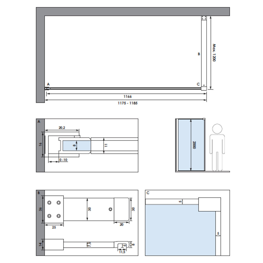 Inloopdouche Brauer Frame Set 1 Helder Glas 120x200 Met Muurprofiel En Lijst Rondom Mat Zwart