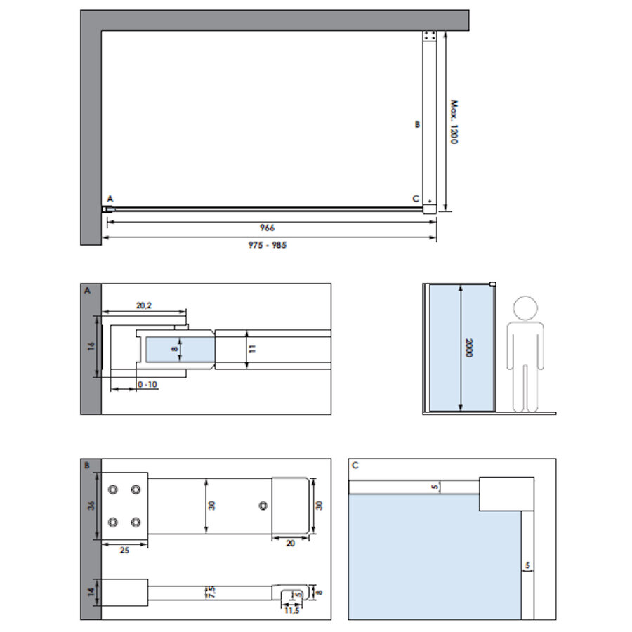 Inloopdouche Brauer Frame Set 1 Helder Glas 100x200 Met Muurprofiel En Lijst Rondom RVS Geborsteld