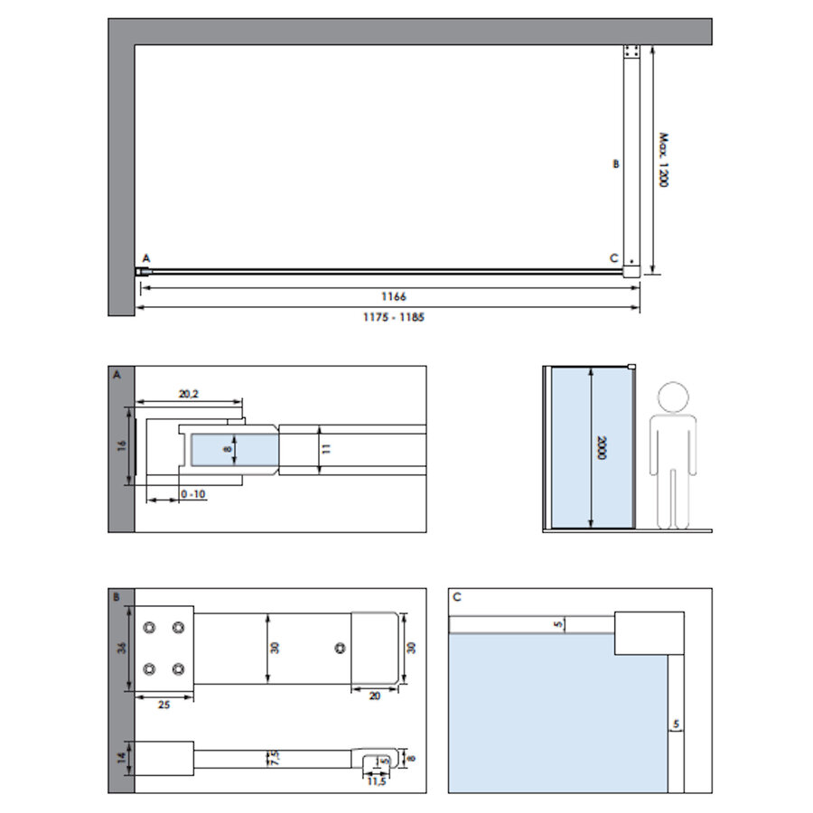 Inloopdouche Brauer Frame Set 1 Helder Glas 120x200 Met Muurprofiel En Lijst Rondom Gunmetal Geborsteld