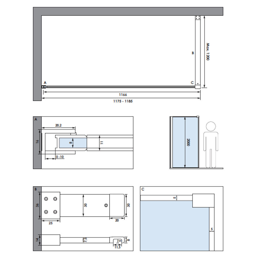 Inloopdouche Brauer Frame Set 1 Helder Glas 120x200 Met Muurprofiel En Lijst Rondom Goud Geborsteld