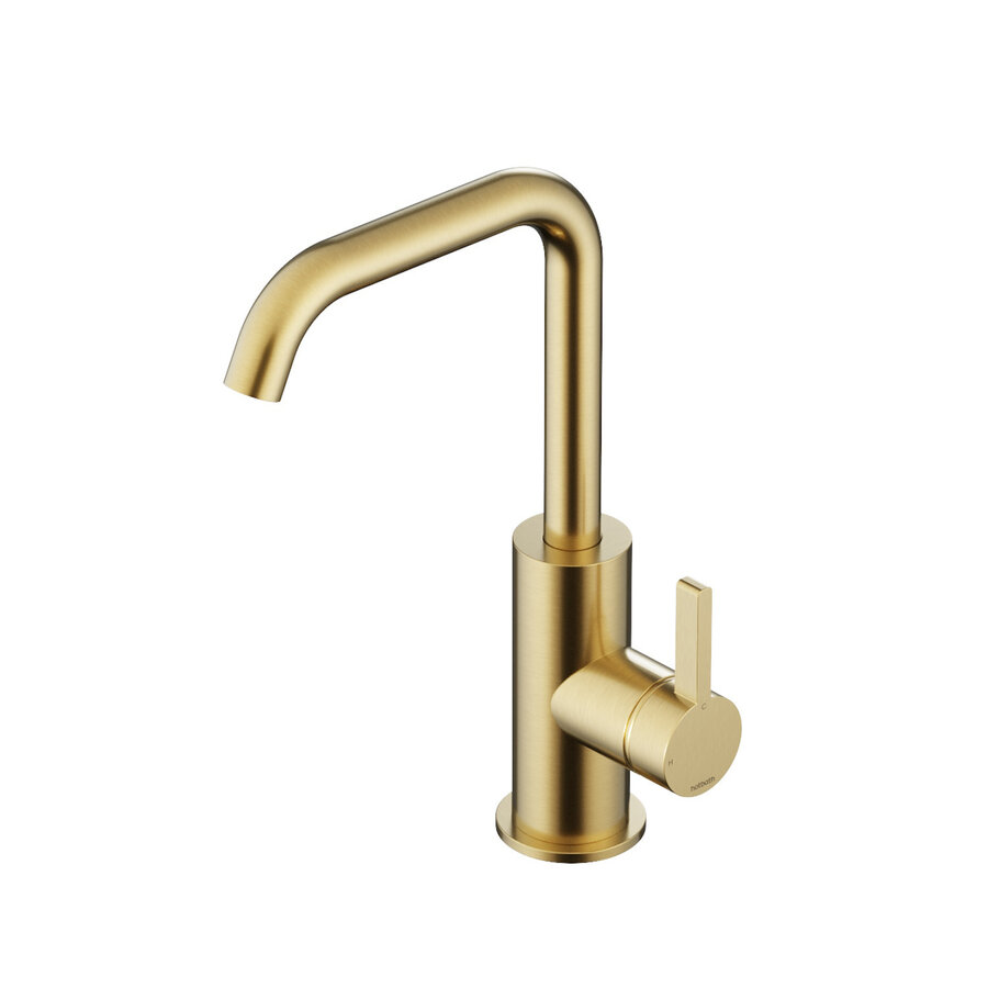 Wastafelmengkraan Hotbath Ace Met Draaibare Uitloop Gebogen 24 cm Geborsteld Messing PVD