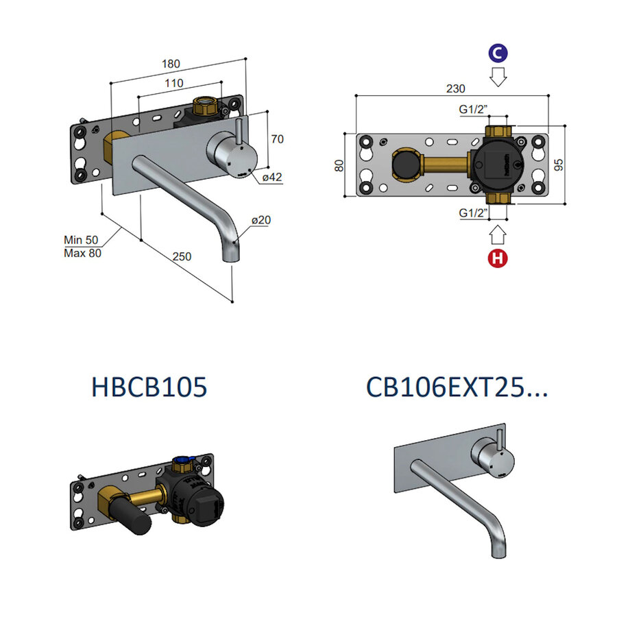 Inbouw Wastafelkraan Met Achterplaat Hotbath Cobber 25cm Gebogen Uitloop 1-Hendel Chroom