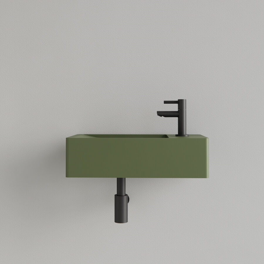 Fontein Gliss Design Freya Solid Marble 40x22x10 cm Met Kraangat Rechts Mat Olijf Groen