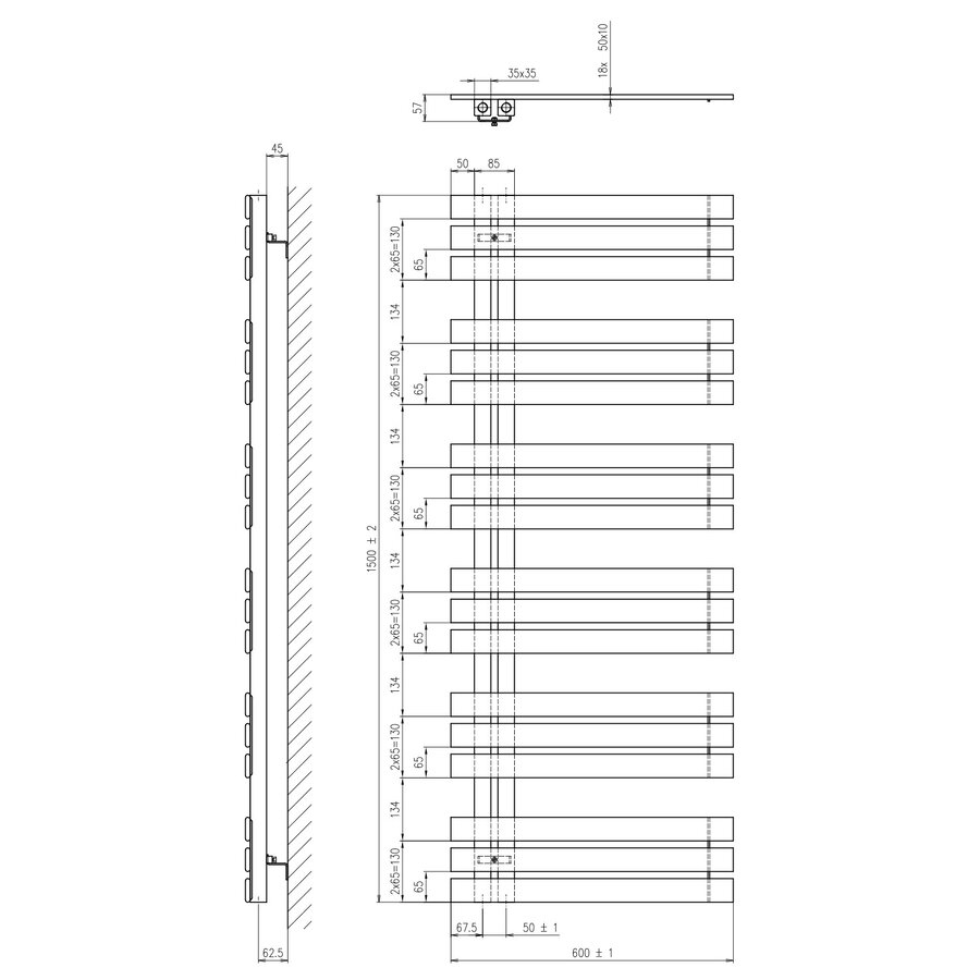Designradiator Sapho Silvana Recht 60x150 cm 771W Mat Zwart