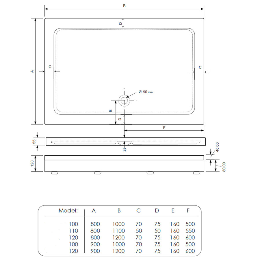 Douchebak BWS Laveria Rechthoek Arcryl 110x80cm Zelfdragend Inclusief Plint Wit