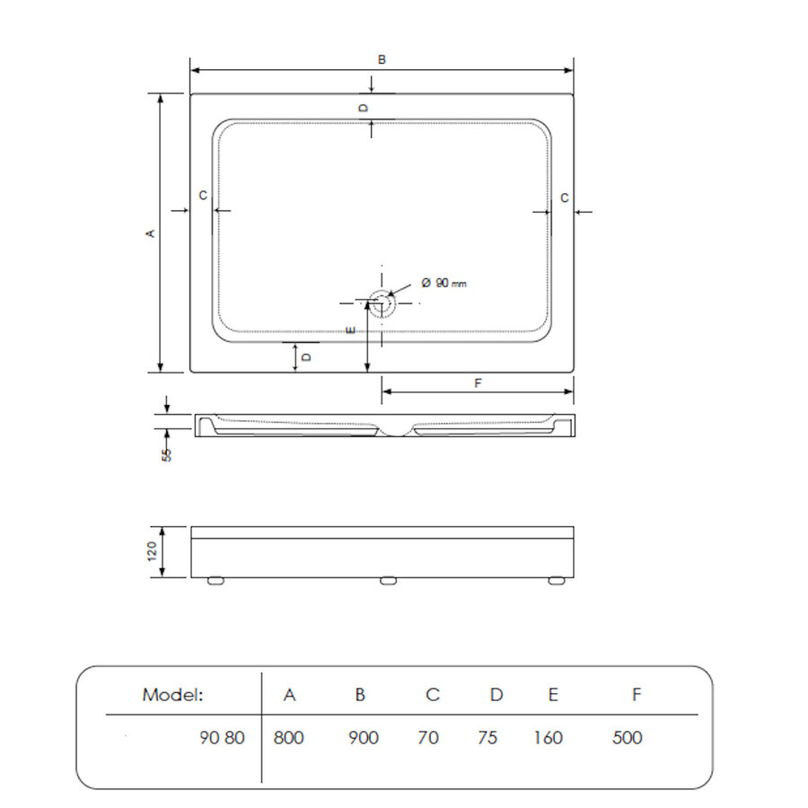 Douchebak BWS Laveria Vierkant Arcryl 90x80cm Zelfdragend Inclusief Plint Wit