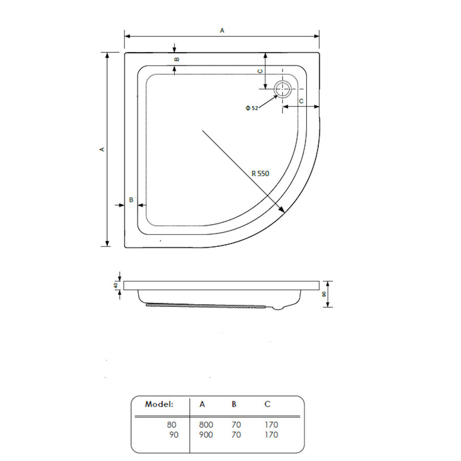 Douchebak BWS Saro Kwartrond Acryl 90x90cm Wit