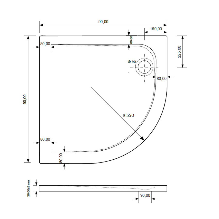 Douchebak BWS Dana Kwart Rond Cast Marble 90x90 cm Zelfdragend Mat Zwart