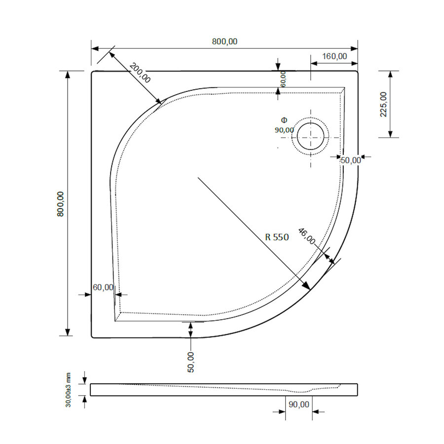 Douchebak BWS Kwart Rond Cast Marble 80x80 cm Zelfdragend Wit