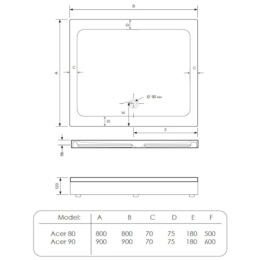 Douchebak BWS Racer Vierkant Acryl 90x90 cm Wit Inclusief Plint
