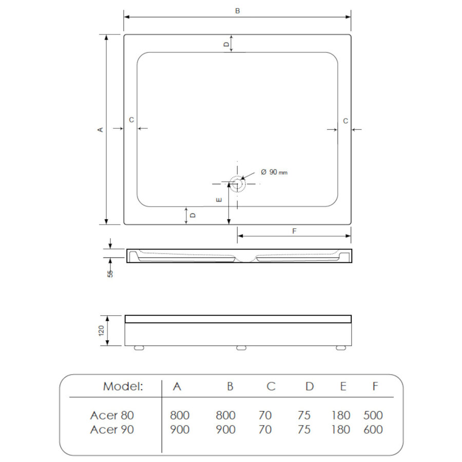 Douchebak BWS Racer Vierkant Acryl 80x80 cm Wit Inclusief Plint