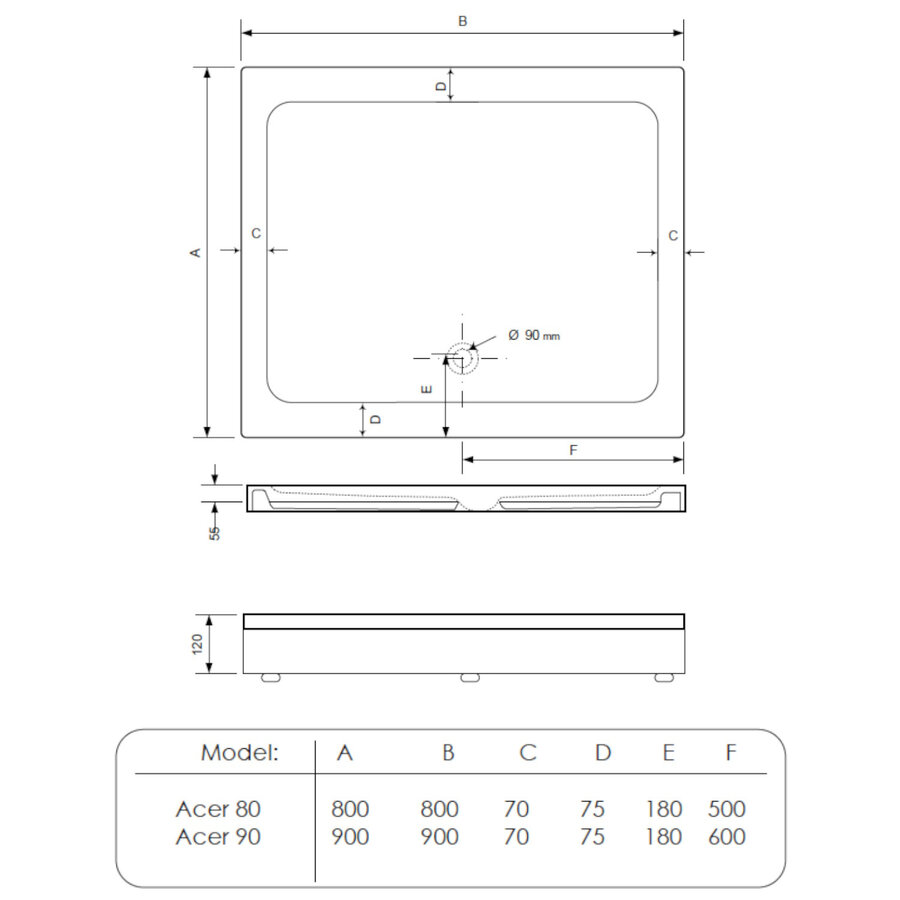 Douchebak BWS Racer Vierkant Acryl 80x80 cm Wit