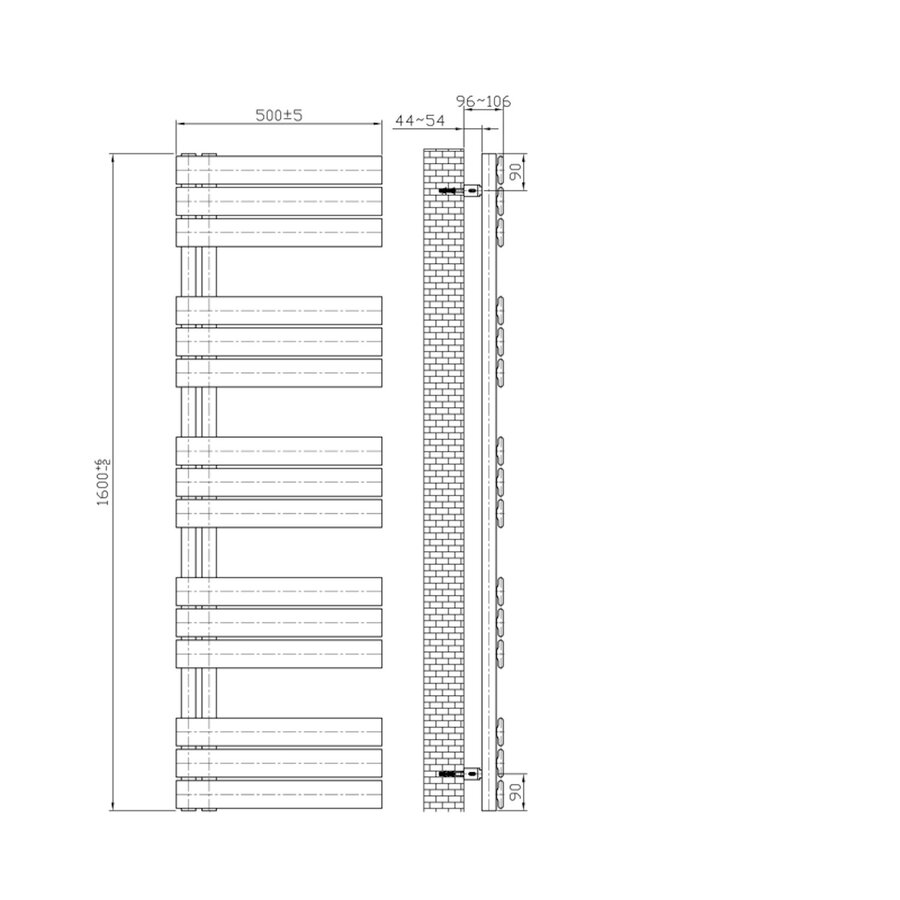 Elektrische Handdoekradiator BWS Russ Links aansluiting 755W 160x50 cm Wit