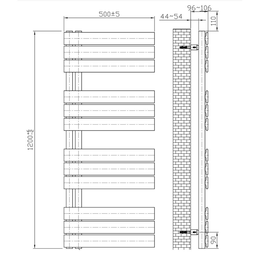 Elektrische Handdoekradiator BWS Russ Links aansluiting 593W 120x50 cm Mat Zwart