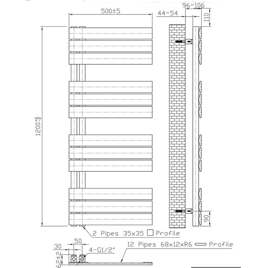 Handdoekradiator BWS Boss Links aansluiting 593W 120x50 cm Wit