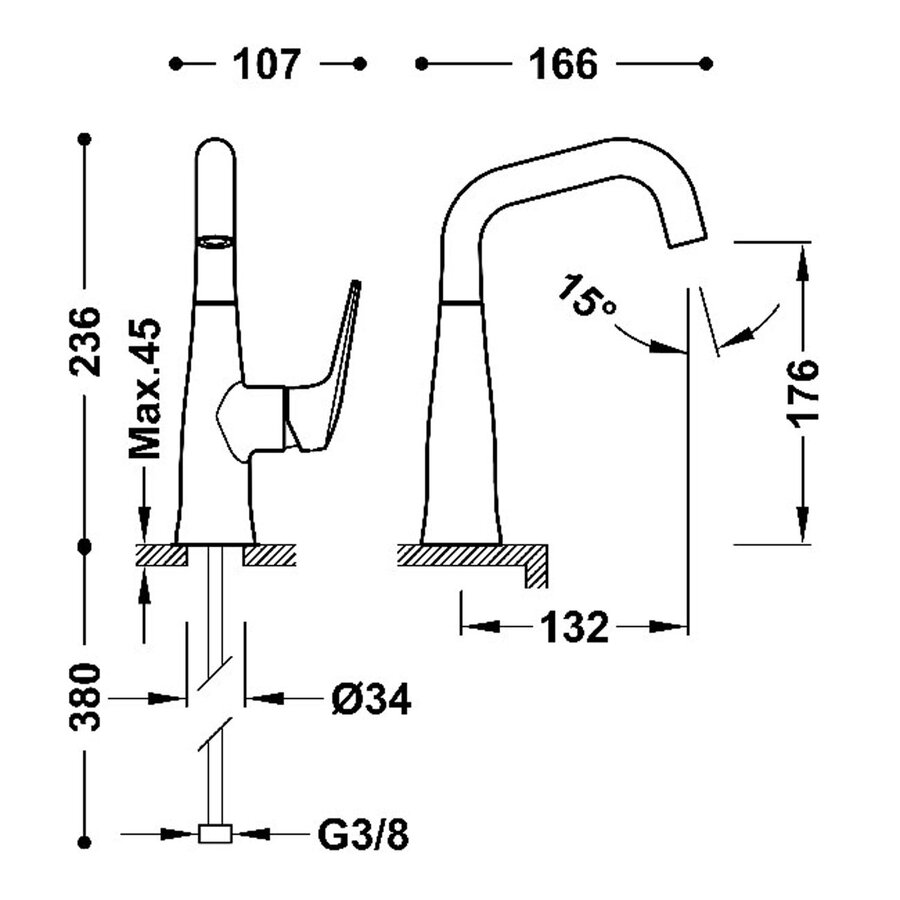 Wastafelmengkraan Tres Fuji 23.6 cm met Draaibare uitloop Mat Rose Gold