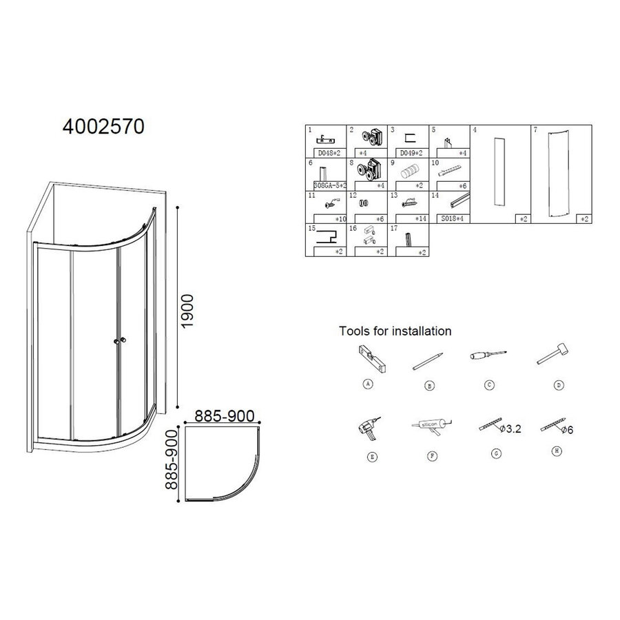 Douchecabine Best Design Project 1/4 Ronde Douchecabine 90x90x190cm Glas 5mm Aluminium Profiel