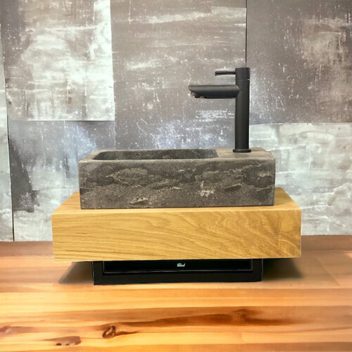 Fonteinplank Casajoy Bold 50x25x10 cm Eiken Met Waskom 40x22 cm Natuursteen Rechthoek 