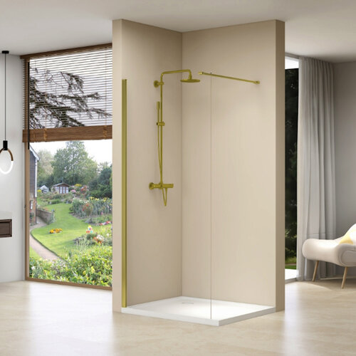 Inloopdouche Van Rijn Products Vaste Wand 100 x 200 cm Helder Glas Incl Stabilisatiestang en Gouden Muurprofiel 