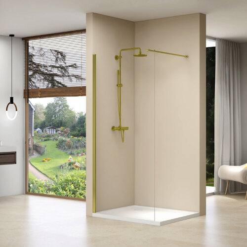 Inloopdouche Van Rijn Products Vaste Wand 59-61x200 cm Helder Glas Stabilisatiestang en Gouden Muurprofiel 