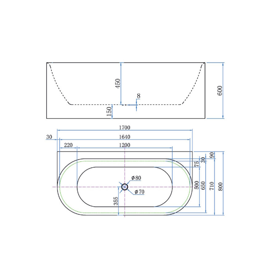 Back To Wall Bad Luca Sanitair Primo Acryl 170x80x60 cm Incl. Afvoerset Glans Wit