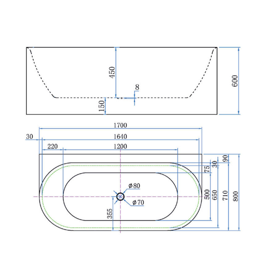 Back To Wall Bad Luca Sanitair Primo Acryl 170x80x60 cm Incl. Afvoerset Mat Wit