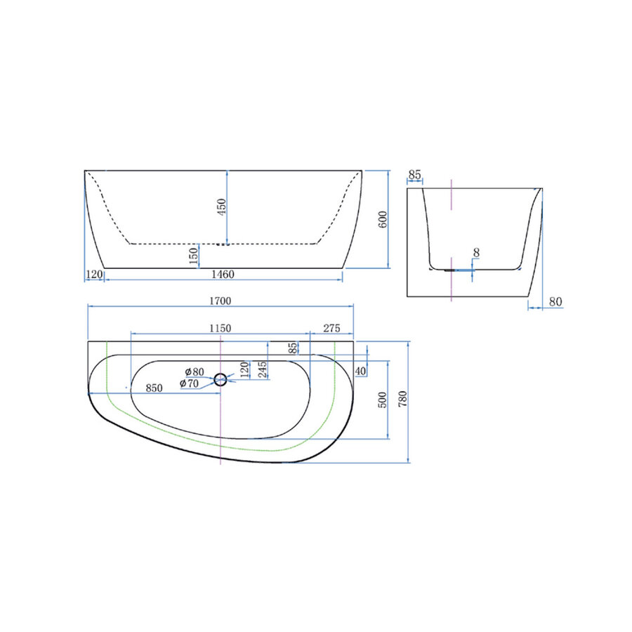 Back To Wall Bad Luca Sanitair Primo Acryl 170x78x60 cm Incl. Afvoerset Mat Wit